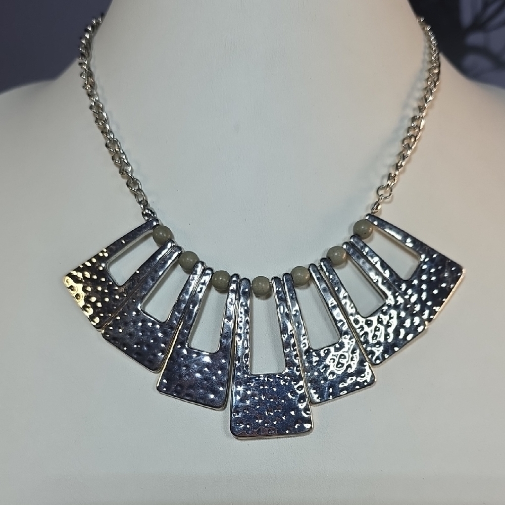 Paparazzi Silver And Olive Green Textured Statement Necklace